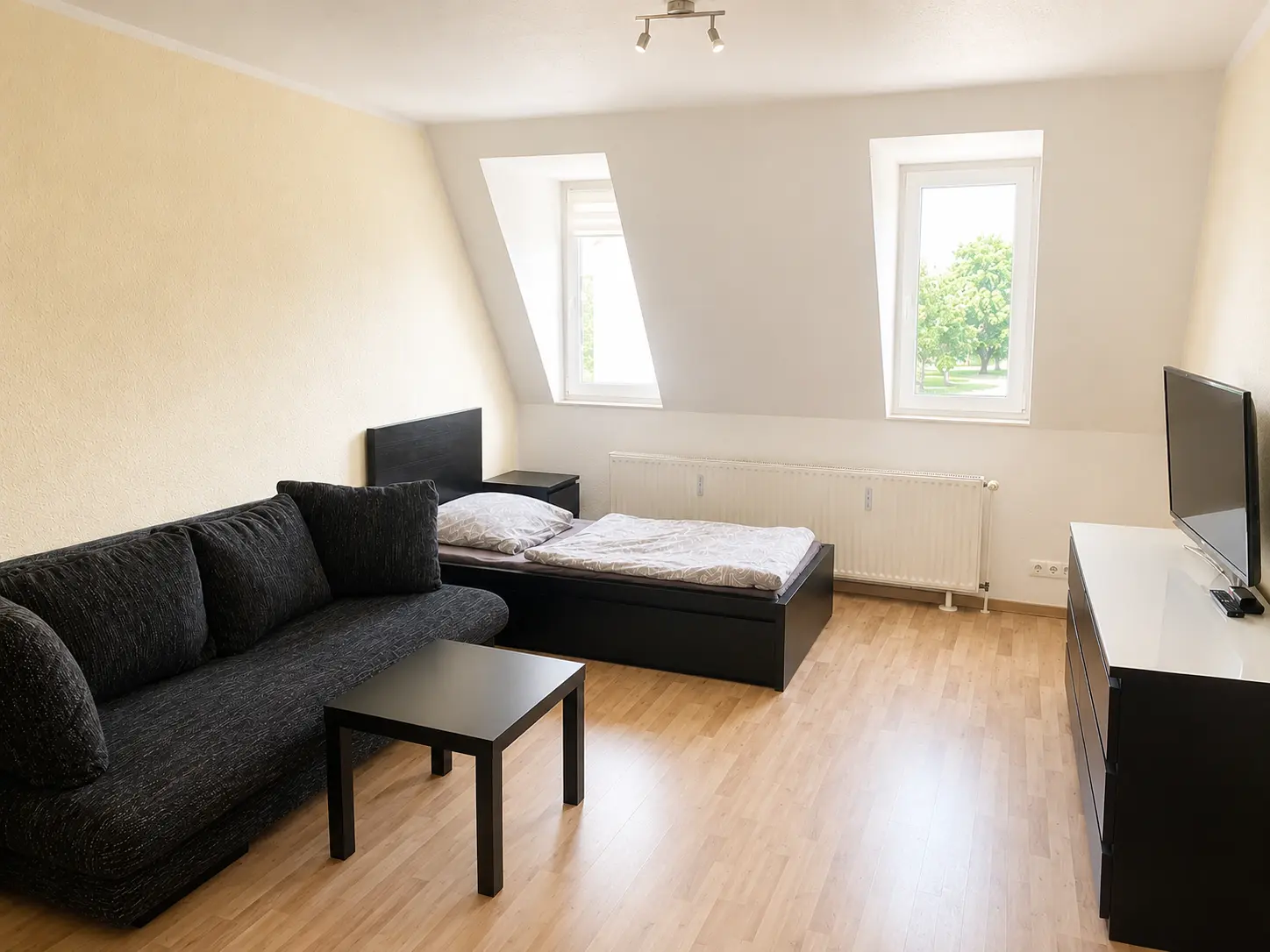 Wohnbereich mit Schlafcouch und Einzelbett