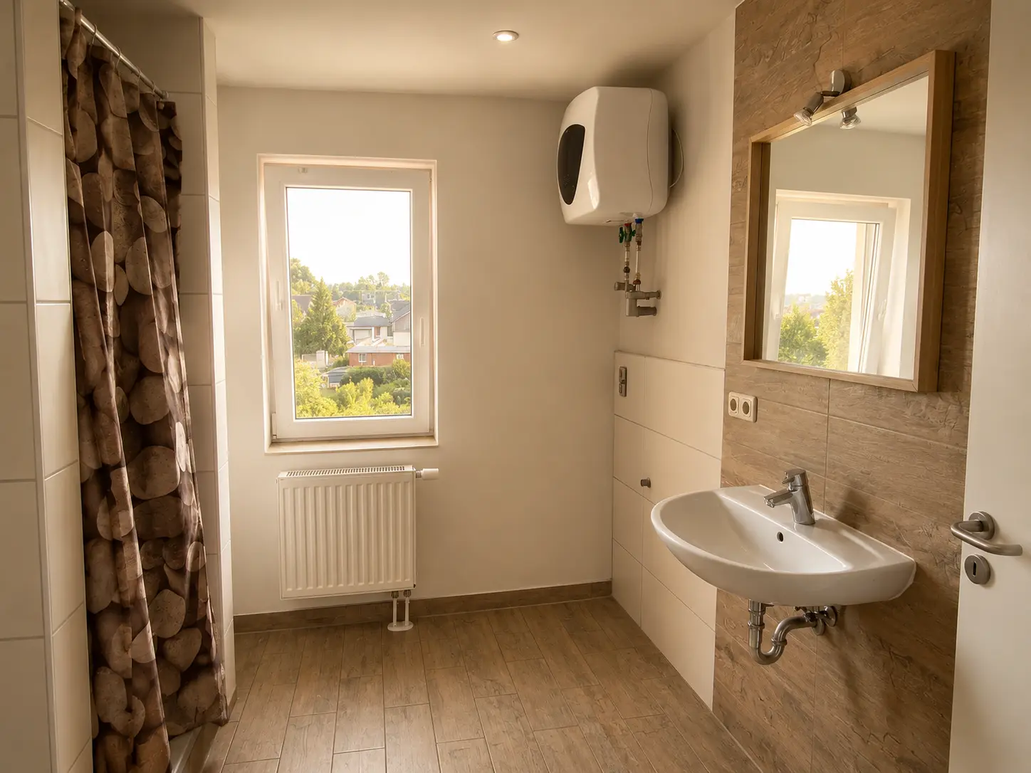 Badezimmer mit Waschbecken, Spiegel und Dusche